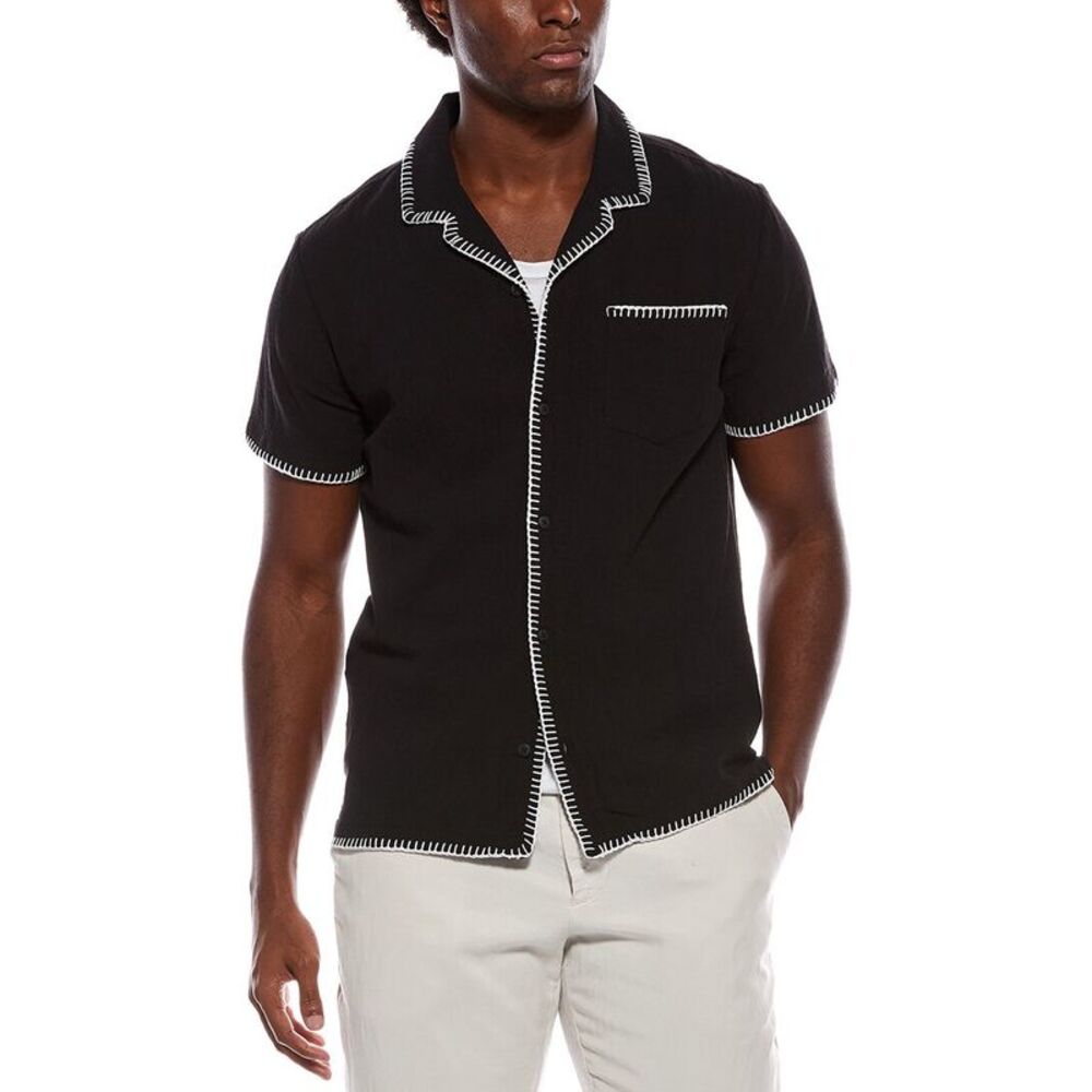 Vintage Summer Mens  Textured Embroidered Camp Shirt, Black
